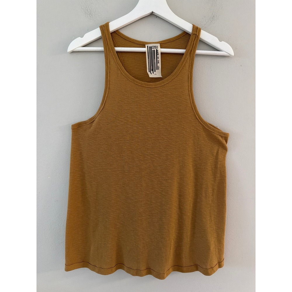Free People Mustard Ochre Ribbed High‎ Neck Racerback Tank Top Large USA Made